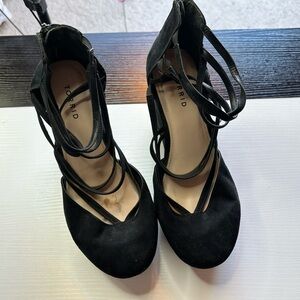 Torrid Black Strappy Wedge Heels, Size 11, Faux Suede, Gently Used